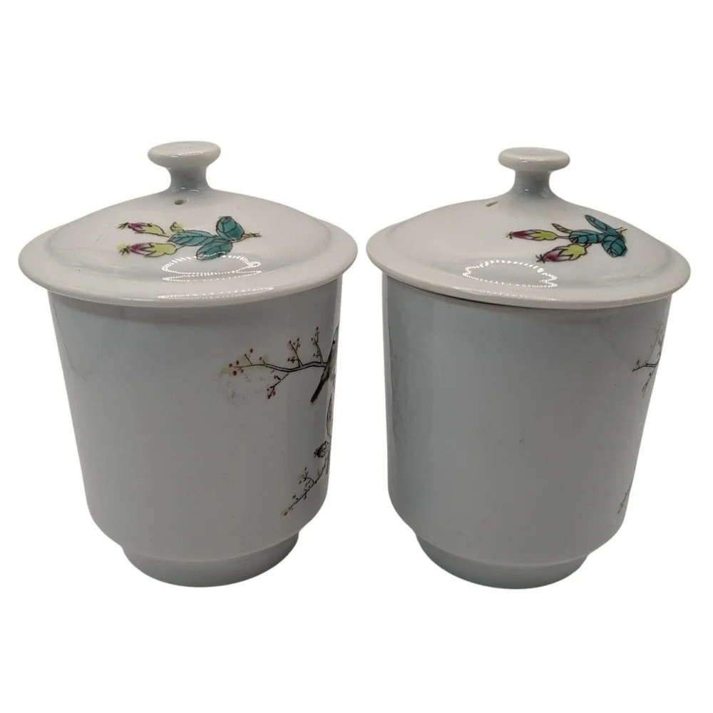Vintage Chinese Footed Teacup Lidded Asian Rose Floral Bird‎ Set of Two SEE